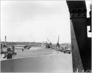 [Photograph of the view of the shipyard docks from a ship, J.A. Jones Construction Company shipyard, Brunswick, Georgia, 1943-1945?]