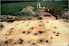 [Photograph of the postholes from a mid-18th century Cherokee winter domestic house at Chota, taken in 1969] / [by George Fielder]