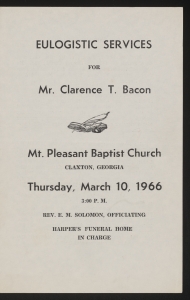 Funeral program for Mrs. Clarence T. Bacon