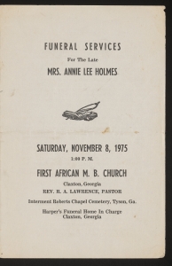 Funeral program for Mrs. Annie Lee Holmes