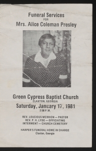 Funeral program for Mrs. Alice Coleman Presley