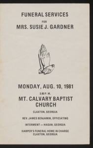 Funeral program for Mrs. Susie J. Gardner
