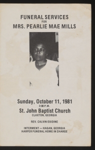 Funeral program for Mrs. Pearlie Mae Mills