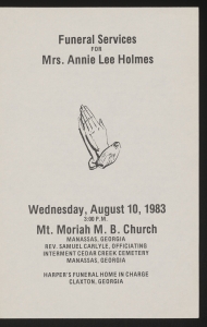 Funeral program for Mrs. Annie Lee Holmes
