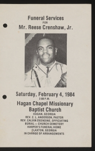 Funeral program for Mr. Reese Crenshaw, Jr.