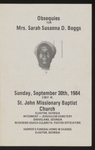 Funeral program for Mrs. Sarah Susanna D. Boggs