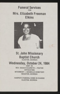 Funeral program for Mrs. Elizabeth Freeman Elkins