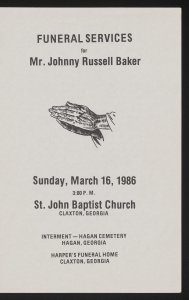 Funeral program for Mr. Johnny Russell Baker