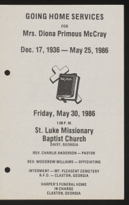 Funeral program for Mrs. Diona Primous McCray