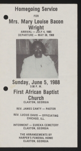 Funeral program for Mrs. Mary Louise Bacon Wright