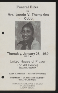 Funeral program for Mrs. Jennie V. Tompkins Cobb