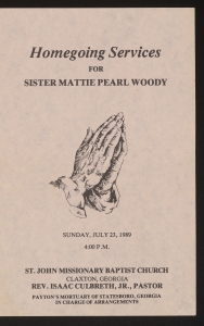 Funeral program for Sister Mattie Pearl Woody