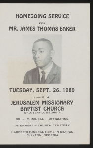 Funeral program for Mr. James Thomas Baker