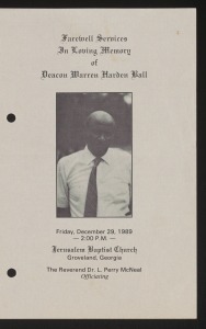 Funeral program for Deacon Warren Harden Ball