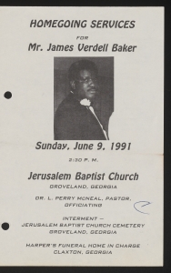 Funeral program for Mr. James Verdell Baker