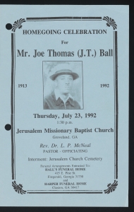 Funeral program for Mr. Joe Thomas (J.T.) Ball