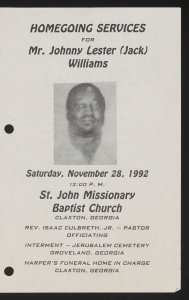 Funeral program for Mr. Johnny Lester (Jack) Williams