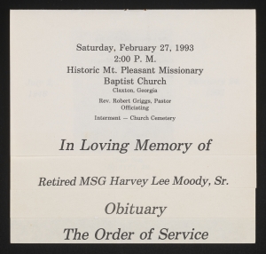 Funeral program for Retired MSG Harvey Lee Moody, Sr.