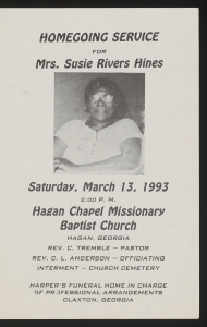 Funeral program for Mrs. Susie Rivers Hines