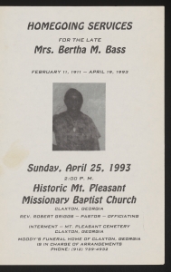 Funeral program for Mrs. Bertha M. Bass