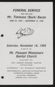 Funeral program for Mr. Timmons (Buck) Bacon