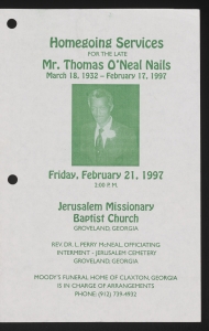 Funeral program for Mr. Thomas Oneal Nails