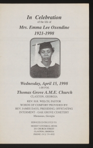 Funeral program for Mrs. Emma Lee Oxendine