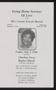 Funeral program for Mrs. Corene Everette Mercer
