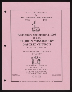 Funeral program for Mrs. Geraldine Oxendine Milton
