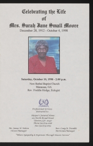 Funeral program for Mrs. Sarah Jane Small Moore