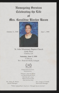 Funeral program for Mrs. Geraldine Blocker Bacon
