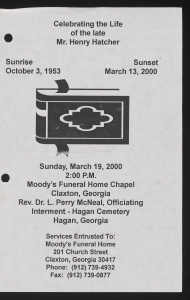 Funeral program for Mr. Henry Hatcher