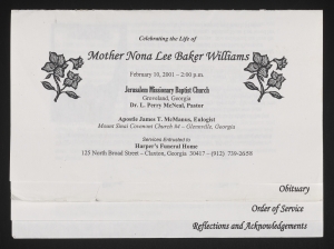 Funeral program for Mother Nona Lee Baker Williams