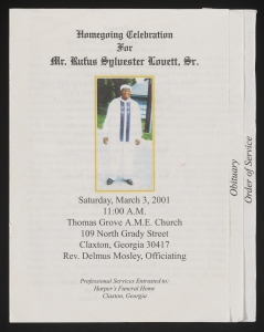 Funeral program for Mr. Rufus Sylvester Lovett, Sr.