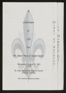 Funeral program for Mr. Reno "Buzzy" Jasper Jones
