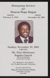 Funeral program for Deacon Hope Hagan