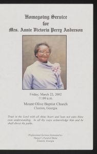 Funeral program for Mrs. Annie Victoria Perry Anderson