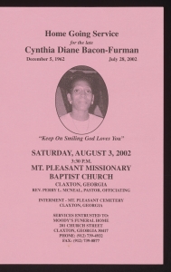 Funeral program for Cynthia Diane Bacon-Furman