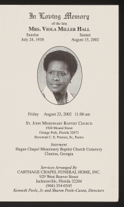 Funeral program for Mrs. Viola Miller Hall