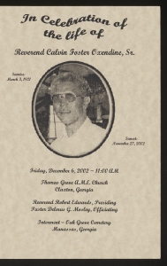 Funeral program for Rev. Calvin Foster Oxendine, Sr.