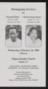 Funeral program for Thernell Porter and Clarree Bacon Porter