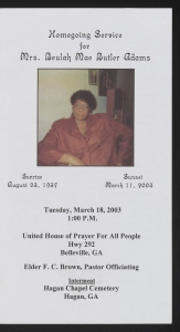 Funeral program for Mrs. Beulah Mae Butler Adams