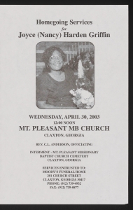 Funeral program for Joyce (Nancy) Harden Griffin