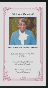 Funeral program for Mrs. Zonia McClendon Garrison