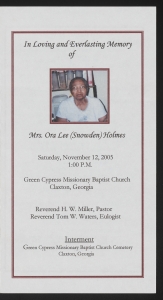 Funeral program for Mrs. Ora Lee (Snowden) Holmes