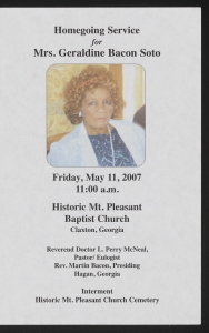 Funeral program for Mrs. Geraldine Bacon Soto