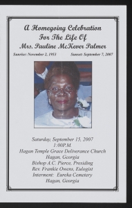 Funeral program for Mrs. Pauline McKever Palmer
