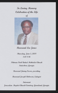 Funeral program for Reverend Lee Jones