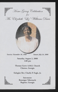 Funeral program for Mrs. Elizabeth "Liz" Williams Davis