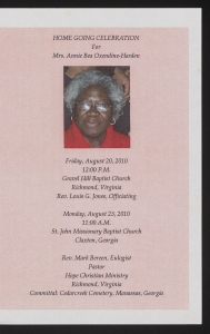 Funeral program for Mrs. Annie Bea Oxendine-Harden